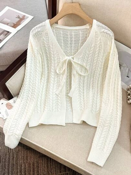 Women's Tie Front Solid Color Cable Knit Long Sleeve Knitted Cardigan Lightweight Flowy Spring Autumn Cute Cardigan Sweater