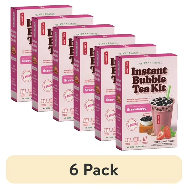 (6 pack) POCAS Bubble Tea DIY Kit, 12 pk, Strawberry Flavor, Instant Milk Tea Powder with Tapioca Pearls