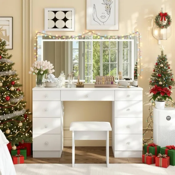 Mercer41 47"W Glass Top Vanity Set with LED Mirror, Power Outlets, 9 Drawers