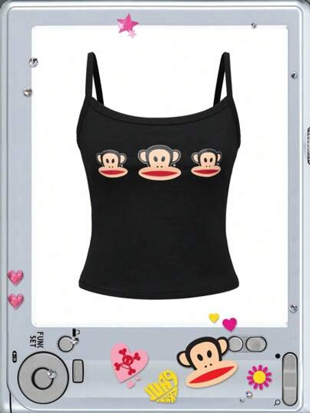 Paul Frank X ROMWE Women's Y2K Monkey Print Slim Fit Crop Camisole Top