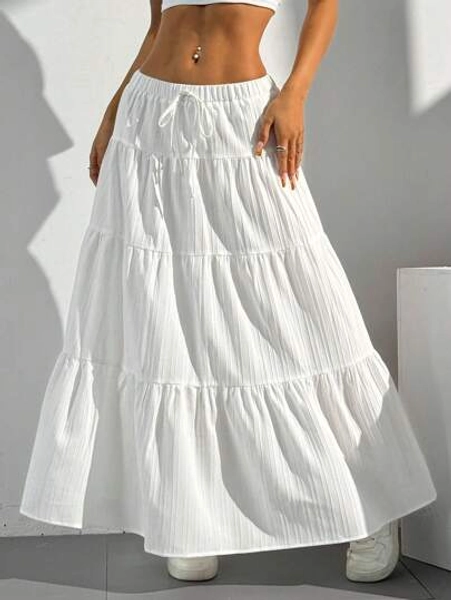 SHEIN EZwear Women Solid Color High Waist Tie Ruffled Hem Maxi Skirt