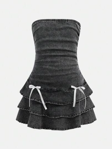 SHEIN Girlism Tween Girls Y2K Fashion Casual Fashion Stonewashed Snug Fit Denim Dress With Layer And Bowknot Detailed For Girls Costume Dailywear And The Four Seasonsr Tween Girl Clothes