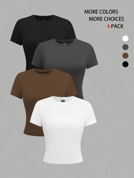 Chiquease 4pcs Women Solid Color Short Sleeve Crew Neck Tight Fit Basic T-Shirts