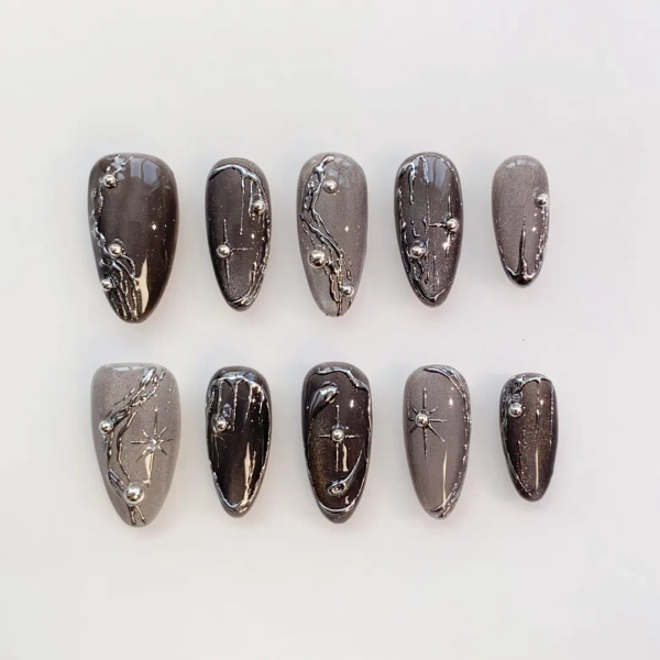 Silver Press on Nails Long Almond Nails/star Nails/cat Eye Nails/bling Nails/gyaru Nails/gothic Nails/black Nails/birthday Nails Silver - Etsy