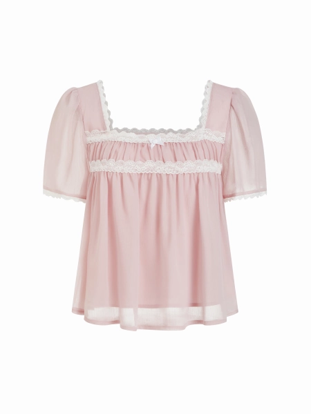 Square Neck Puff Sleeve Lace Trim Bowknot Ruched Oversized Blouse