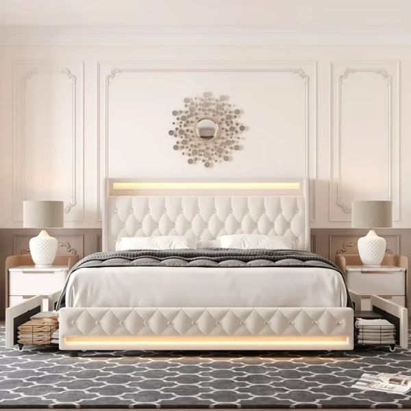 Homfa King Size LED Bed Frame with 4 Storage Drawers, Modern Wingback Crystal Button Tufted Upholstered Platform Bed Frame with Outlets and USB Ports & Display Platform, Beige