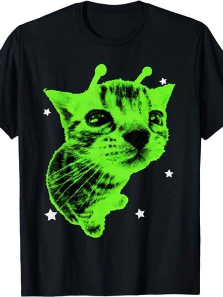 Y2K Alien Cat Meme Retro Silly Cat Vintage Space Kitty Funny T-Shirt - Size XXXXL