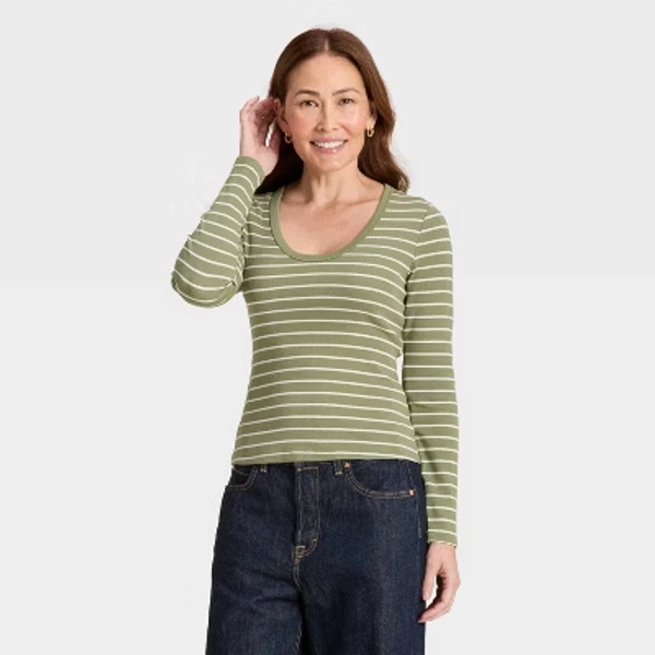 Women's Slim Fit Long Sleeve Scoop Neck Ribbed T-Shirt - Universal Thread™ Olive Green Striped XS