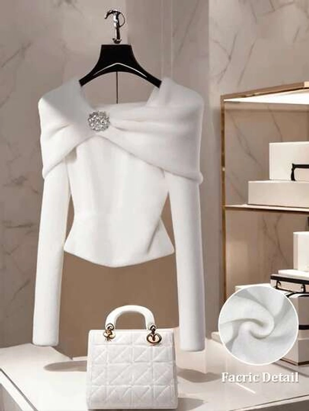 Franclia Women's Casual Solid Color Boat Neck One-Shoulder Long Sleeve Metal Decor Pullover Sweater Fall Winter Cloth For Women White Elegant Top Tops For Women Elegant Designer Clothes Luxury Clothes For WomenWomen's Autumn Clothingautumn Fall Clothes For Women Fall Autumn Clothes Fall Outfits For Women Autumn Outfits For Women Fall Clothes Autumn Women  Fall Women Clothes Autumn Clothing Elegant Fashionable Casual Commuting Business Office Daily Leisure All-Match Temperament Urban Teacher Professional Attire