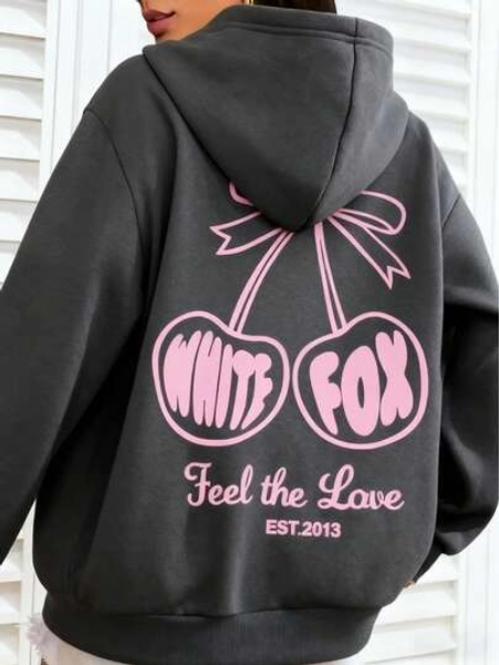 Women's Cozy Hoodie With WhiteFox And Pink Bow Pattern - "Feel The Love" Design, Autumn And Winter Long-Sleeved Pullover, Casual Drawstring Sweatshirt, Autumn And Winter Clothing, Winter HoodieMinimalist Style  Sweatshirt
