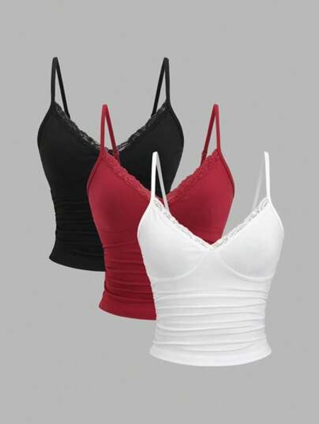 Sweetra Women's Y2K Sexy Lace Trim Ruched 3pcs Set