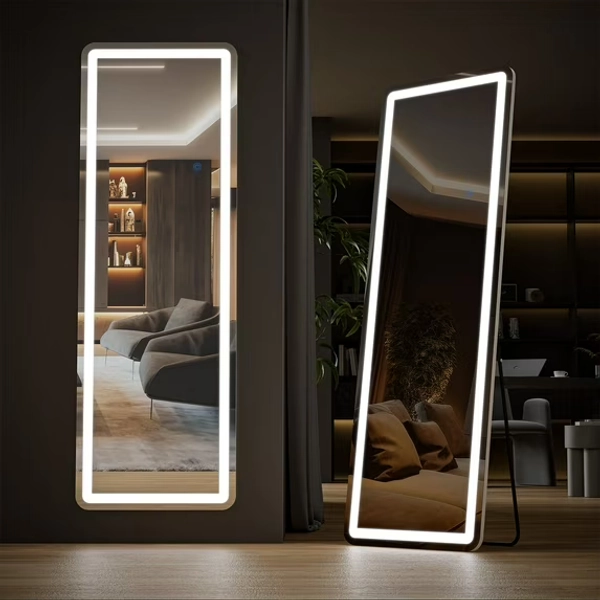 Full Length Mirror with LED Lights, 64"x21" Lighted Floor Standing Mirror with Stand