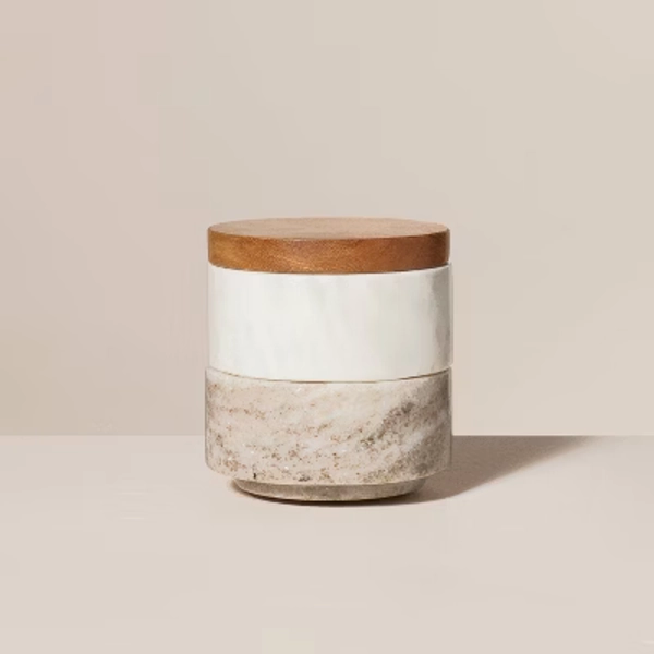 3pc Marble Stacking Salt & Pepper Cellar White/Warm Gray - Hearth & Hand™ with Magnolia: Acacia Lid, Farmhouse Style
