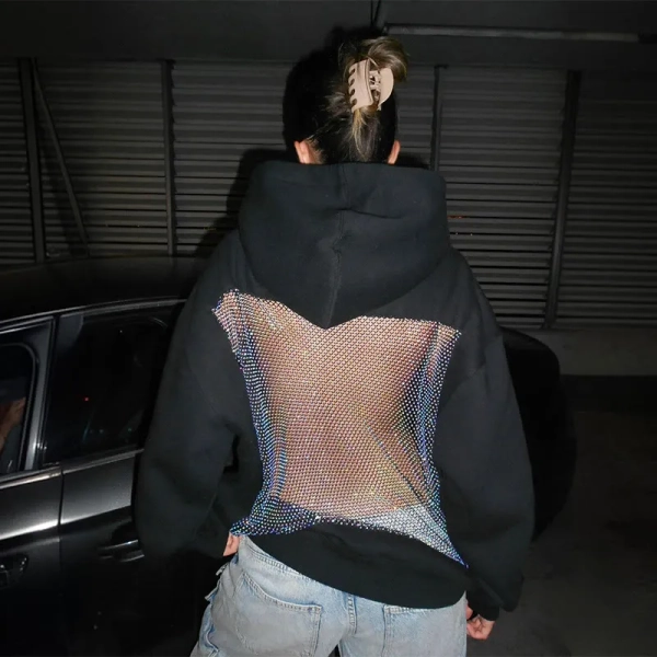 Solid Color Hollow Mesh Splicing Long-sleeved Hoodie