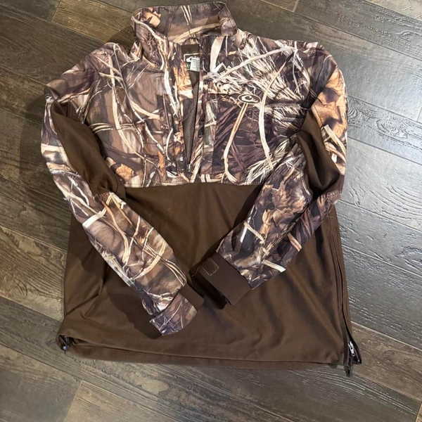 Brown and multi-colored camouflage quarter zip...