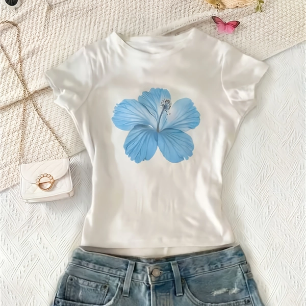 Girls' Floral Print Round-neck Short-sleeve T-shirt, Spring and Summer Student Children's Clothing - This Eye-catching T-shirt with Floral Print Is Sure to Delight Children