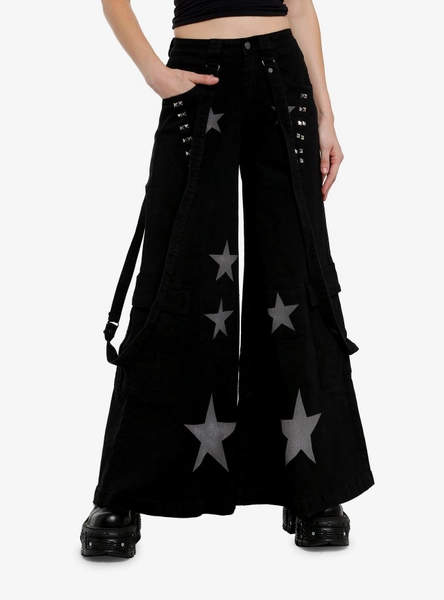 Black Stud Star Suspender Strap Wide Leg Denim Jeans