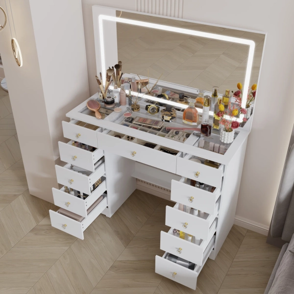 43.3" Wide LED Vanity Table With 11 Drawers – White Matte Finish Dressing Desk, Touch-Control Mirror With 3 Light Modes | Wayfair