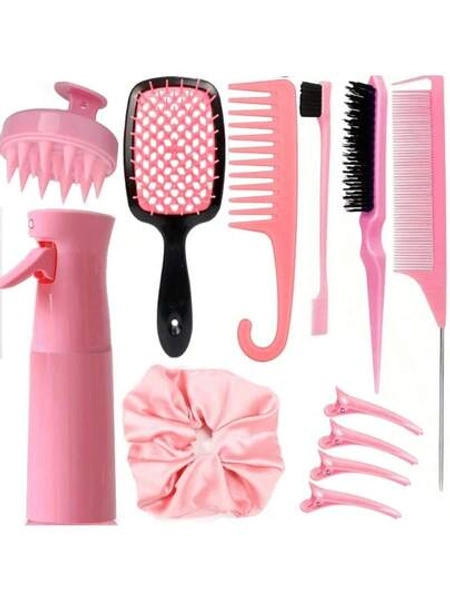 SLAW12 Pcs Hair Brush Set With Hair Spray Bottle For Toddlers Women Detangling Brush For Wet Dry Curly Hair Edge Bristles Wide Tooth Rat Tail Combs For Baby Girls Pink