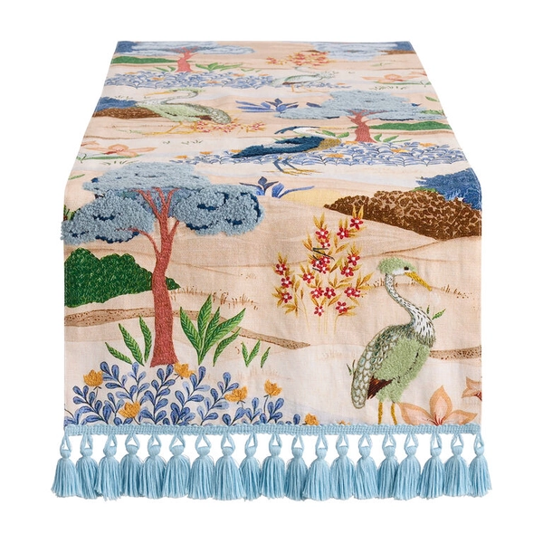Blue and Green Crane Forest Chinoiserie Tufted Table Runner