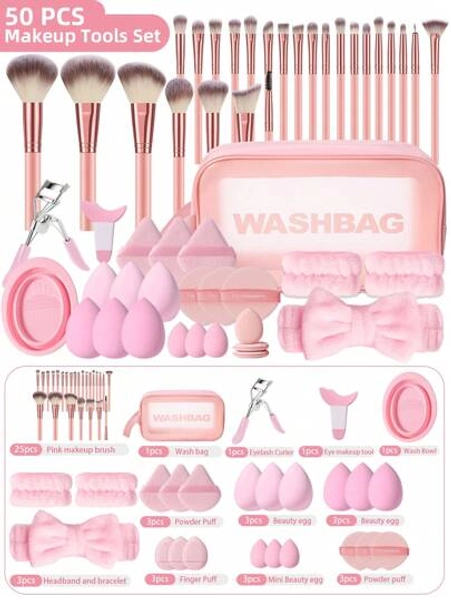 50PCS Makeup Tools Set Including:1PCS Multi-Functional Zipper Toiletry And Cosmetic Bag Waterproof+25PCS Makeup Brush Set+6PCS Makeup Sponges+3PCS Mini Makeup Sponges+3PCS Triangle Powder Puffs+3PCS Mini Air Cushion Powder Puffs+1PCS Hairband+2PCS Hand Bowl Strap+1PCS Makeup Brush Cleaning Tools+3PCS Air Cushion Powder Puff+1PCS Eye Makeup+1PCS Eyelash Curler