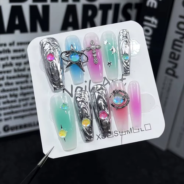 Galaxy False Nails Glitter Gradient Press on Nails with Star Moon Metal Decorations, Durable Acrylic Nails Comfortable Fit for - AliExpress 