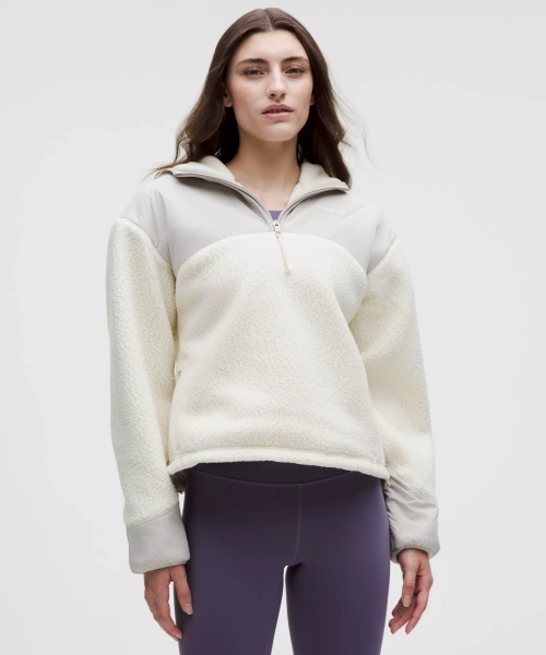 High-Pile Fleece Hooded Half Zip - Light Ivory/Dove Grey/Light Ivory - XS