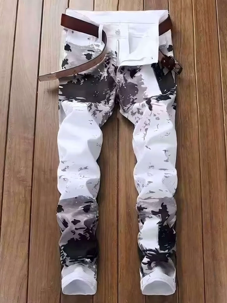 Men's Jeans Casual Black And Grey Printed Denim Pants Slim Fit Straight Leg Comfort Mid Waist White Trousers - AliExpress 200000343