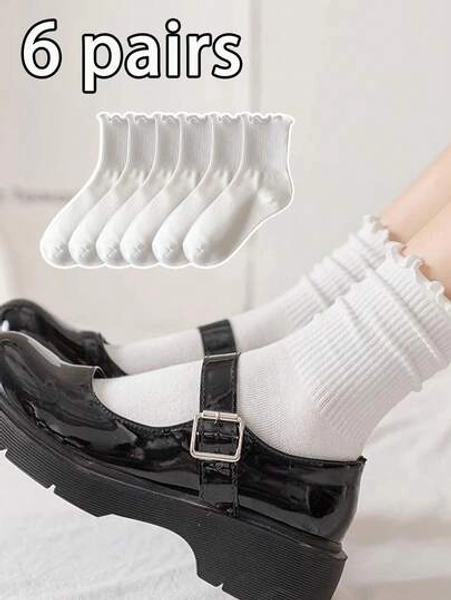6 Pairs Women's White Ruffle Edge Decorative Ankle Socks, Versatile Slouch Socks, Cute Girl Style, Suitable For Daily Wear, Cozy