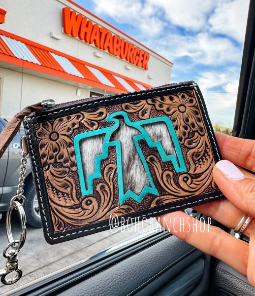 THUNDERBIRD LONGHORN KEYCHAIN brown wallet | Genuine hair on freebird Cowhide Keychain Credit Card cash Holder Coin Pouch Gifts For Her Him