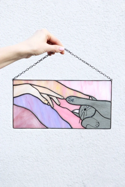 Suncatcher Cat reaching for a human hand with its paw Stained glass window panel Hanging home decor Glass wall art Gift for cat lovers