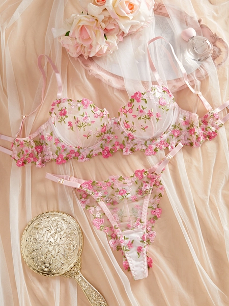     set small floral semi sheer bra   panty - Temu