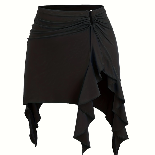Plus Size Women's Elegant Asymmetrical Hem Solid Color Black Skirt with Metal Chain Detail - Machine Washable Summer Casual to Formal Wear, Versatile Fashion | Flowy Fabric