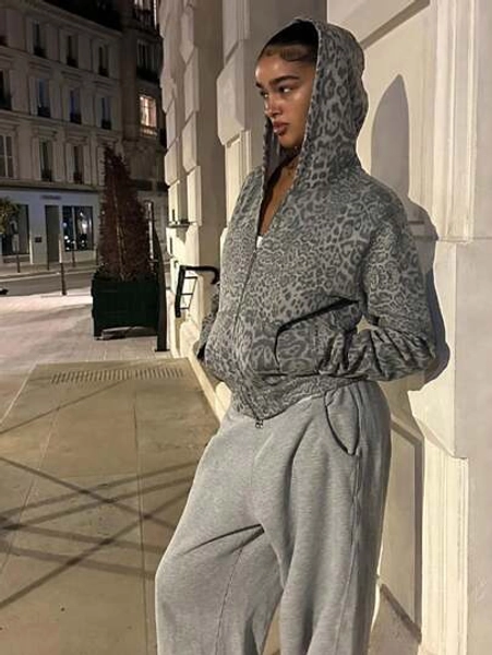 Women Spring High Street Y2K Kangroo Pocket Hoodie Women Leopard Print Long Sleeve Jacket Mother's Day Outfit Women