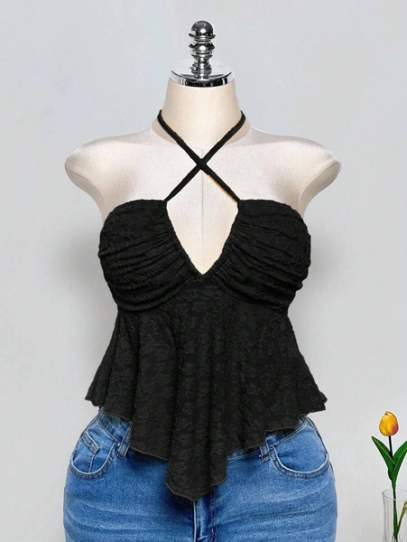 SHEIN ICON Top corto negro de punto jacquard con escote halter cruzado y espalda descubierta, adecuado para verano, vacaciones, Y2K en tallas grandes