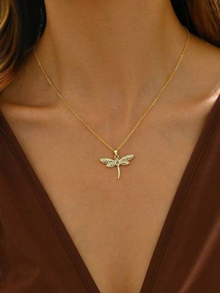 Collana alla moda e semplice in acciaio inossidabile a forma di libellula tridimensionale con intarsi di zirconi, un regalo per le ragazze da indossare tutti i giorni
