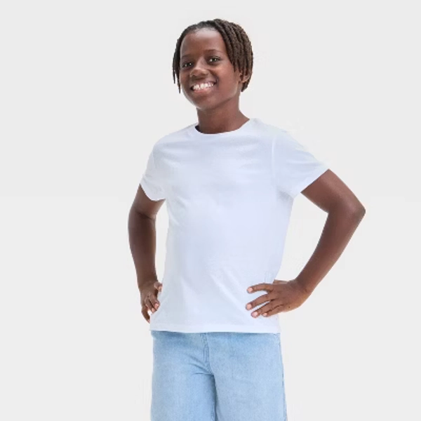 Boys' Short Sleeve T-Shirt - Cat & Jack™ Off-White M: Cotton Blend, Recycled Polyester, Crew Neck, Pullover, Jersey Fabric