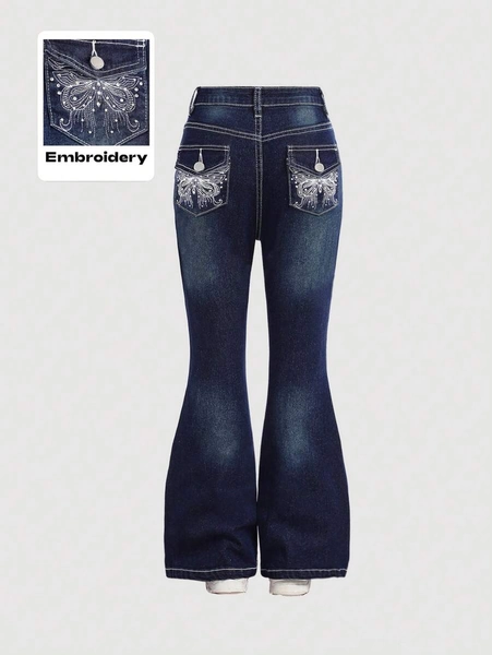 SHEIN Girlism Tween-Mädchen Mode Y2K Jeans mit tiefer Taille, Vintage Strass Schmetterling Stickerei, weites Bein, Herbst Winter Schule