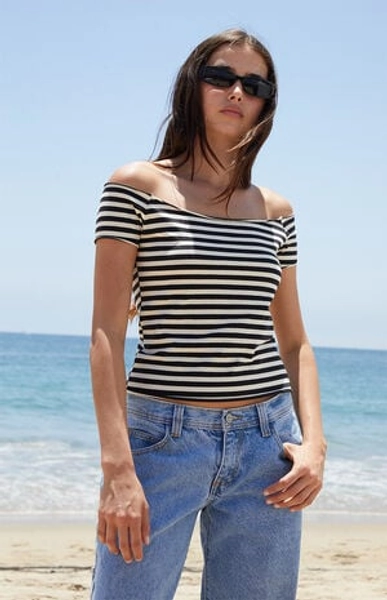 John Galt Black & White Striped Bonnie Off-The-Shoulder Crop Top | PacSun