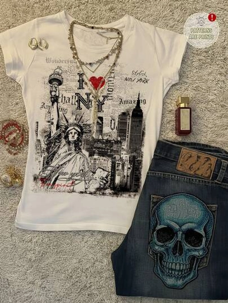 Attitoon Vintage Style Casual "I Love NY" Letter Graphic, Statue Of Liberty, New York Scenery, Graffiti Print Round Neck Short Sleeve Fitted Women T-Shirt, Suitable For Summer, Vintage, Collegiate, Versatile, Sexy, Cute, Y2K, Coconut Girl, Boho, Hippie Style, Music Festival, Suitable For Autumn/Winter White Graphic Tshirt