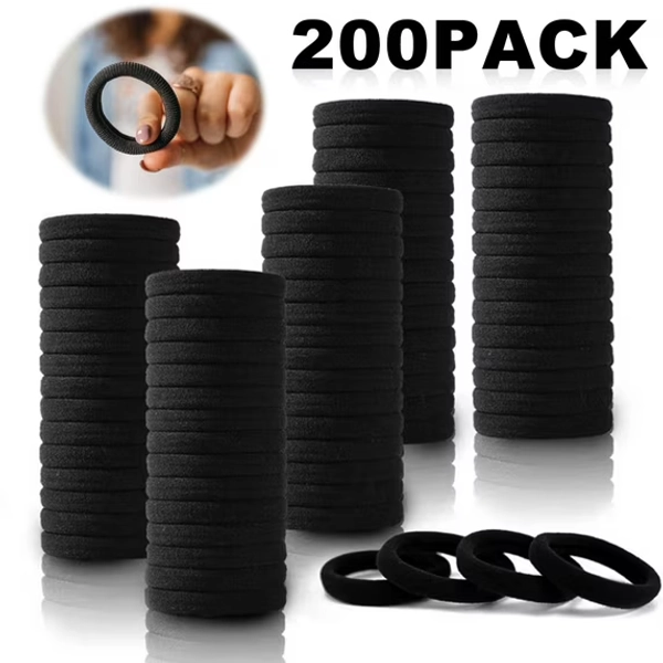 Square 200PCS Black Hair Ties for Women Girls, Seamless Thick Black Hair Band, Elastic Hair Ties No Damage Ponytail Holder