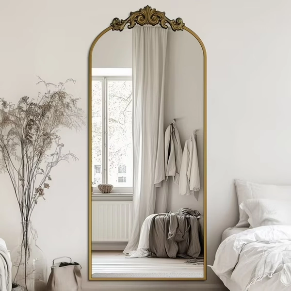 Antok 65"x24" Vintage Arched Full-Length Mirror with Carved Metal Frame, Baroque-Style Floor Mirror for Living Room, Bedroom, Entryway or Hallway Decor, Bronze