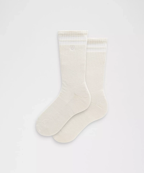 Unisex Daily Essential Crew Socks *Stripe - Light Ivory/White - L