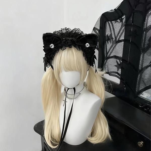Black layered lace cat ear hair accessory with cat ear heart rhinestone bow Lolita lace hair band is a great dress up choice for lo and lovers of individual style.