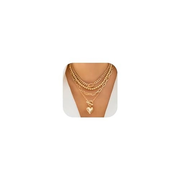 RadiVibe Layered Gold Necklace for Women Chunky Gold Silver Necklace Stack for Women Retro Pearl Heart Pendant Necklaces Gold Jewelry Set