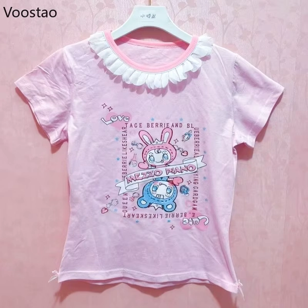 Japanese Kawaii Lolita Crop Tops Women Sweet Bunny Print Cartoon Cute Ruffles Patchwork O-Neck Tees Grunge Y2k Fairy T-shirts - AliExpress 200000345