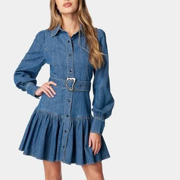 Bebe Women's Fit and Flare Denim Dress with Balloon Sleeves