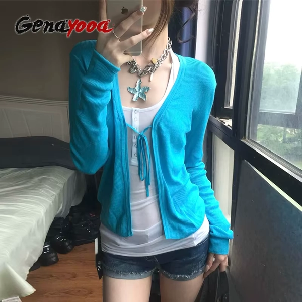Genayooa Harajuku Lace Up Cardigan Women Long Sleeve Blue Knit Sweater Y2k Japanese Vintage Tops 2000s Streetwear Cardigans Coat - AliExpress 