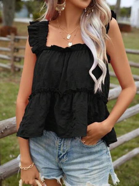 SHEIN VCAY Solid Color Sleeveless Tank Top With Frill Trimmed Decoration And Square Neckline For Casual Summer