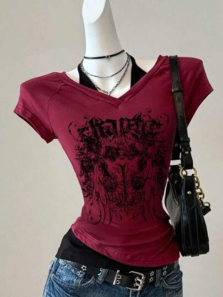 Attitoon Attitoon Women's Casual Retro V-Neck Halter Tie-Up Contrast Color Short Sleeve T-Shirt. Perfect For Summer And Vintage Styles, Featuring Halloween Cross Skeleton And Wing Prints. Suitable For Y2K, Grunge, Gothic Cybersigilism, Punk, And Aesthetic Styles. Ideal For Back To School, Homecoming, Club Outfits, Parties, Summer Outings, Hip-Hop, Gyaru Fashion, And Halloween Graphic Tees. Gothic Top Burgundy Tops For Women V-Neck Tee Dark Red Top